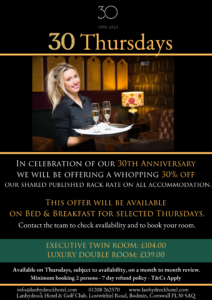 30% off bed and breakfast on selected Thursdays